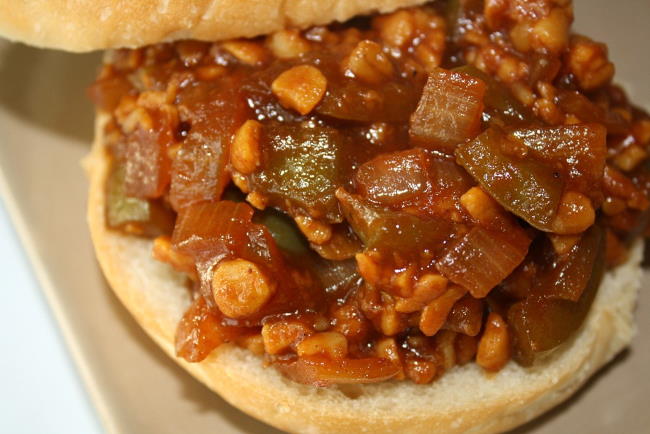 Vegan BBQ sloppy joe on an open-faced bun