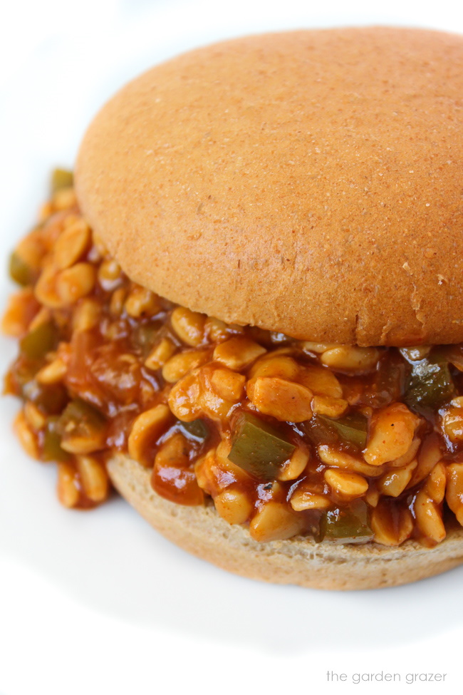 Close up view of vegan tempeh sloppy joes on a wheat bun
