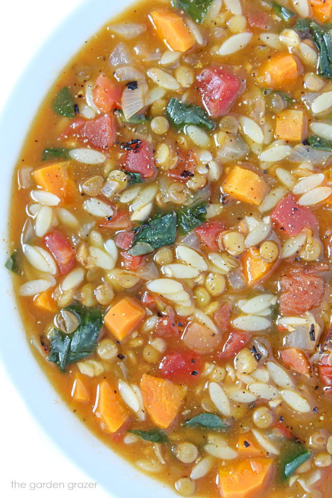 Large bowl of vegan lentil orzo soup with spinach, carrot, and tomato