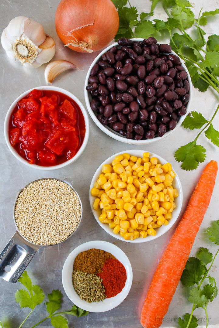 Beans, diced tomatoes, garlic, onion, sweet corn, carrot, and spice ingredients laid out on a metal tray