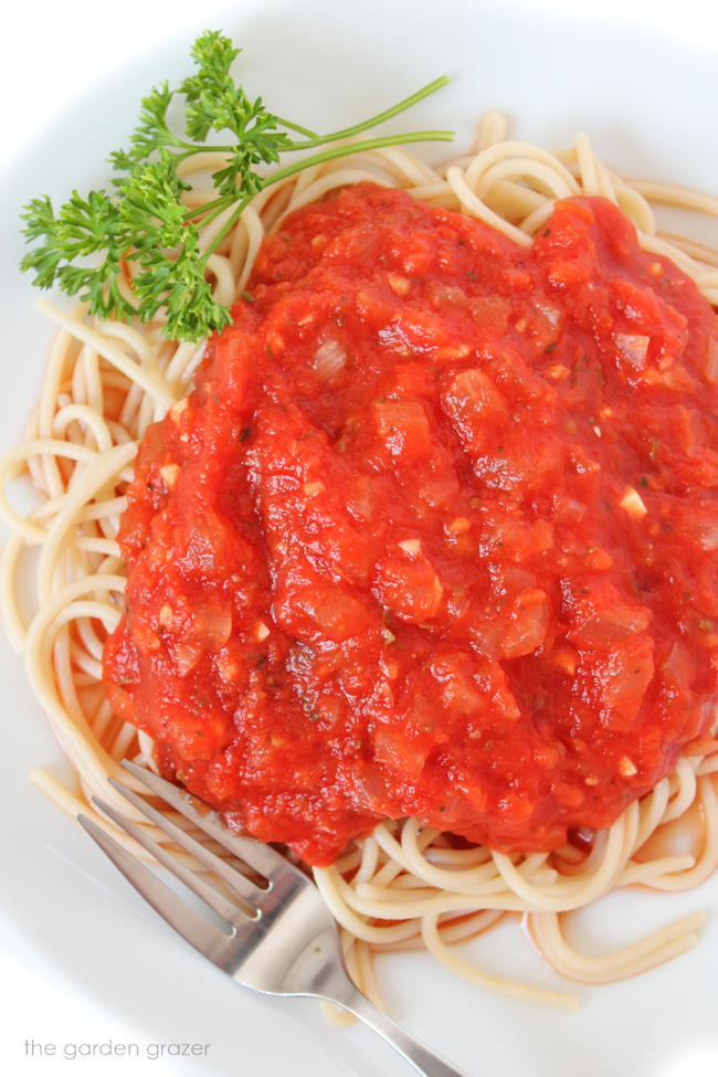 Plate of spaghetti pasta with homemade oil free marinara sauce