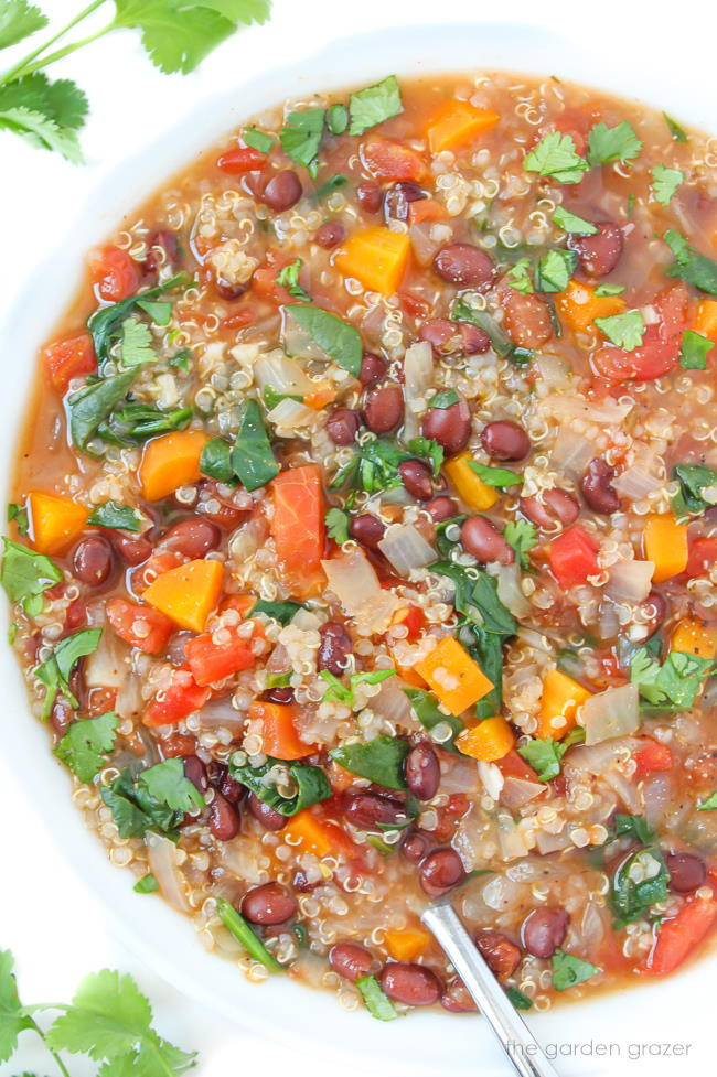 Bowl of vegan quinoa black bean soup with cilantro
