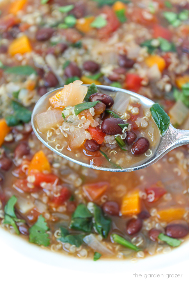 Spoonful of vegan quinoa black bean soup with spinach