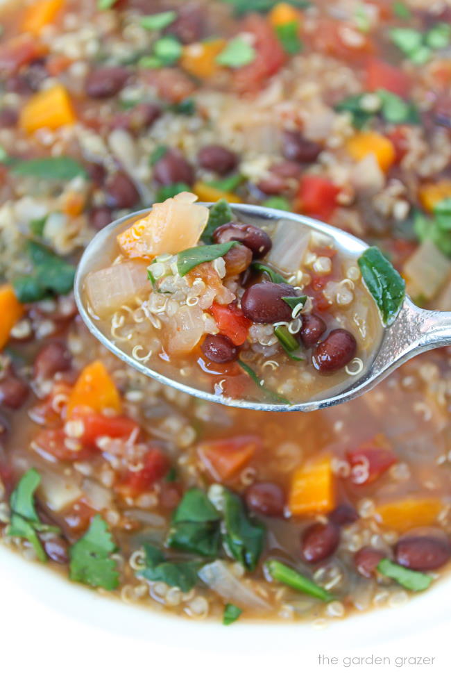 Spoonful of vegan soup with beans and spinach