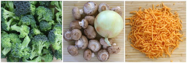 Ingredients for quinoa casserole on cutting boards