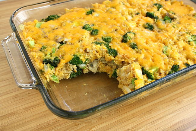 Large pan of vegan cheesy broccoli quinoa casserole