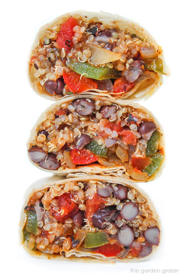 Vegan black bean quinoa burritos cut in half