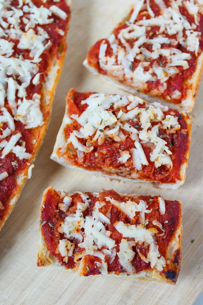 Slices of vegan French bread cheese pizza
