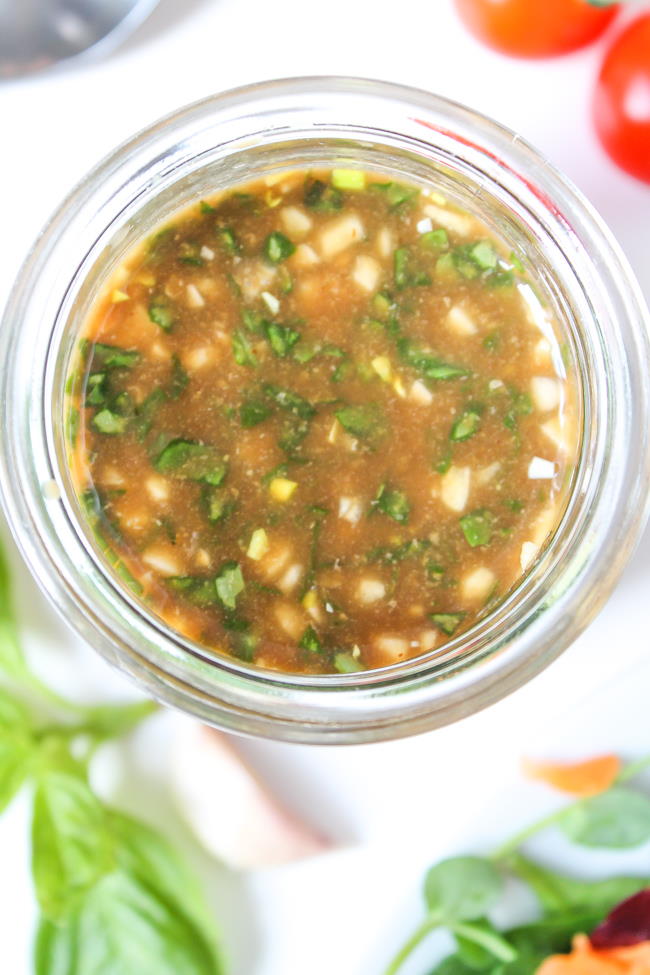 Jar of oil-free basil balsamic dressing