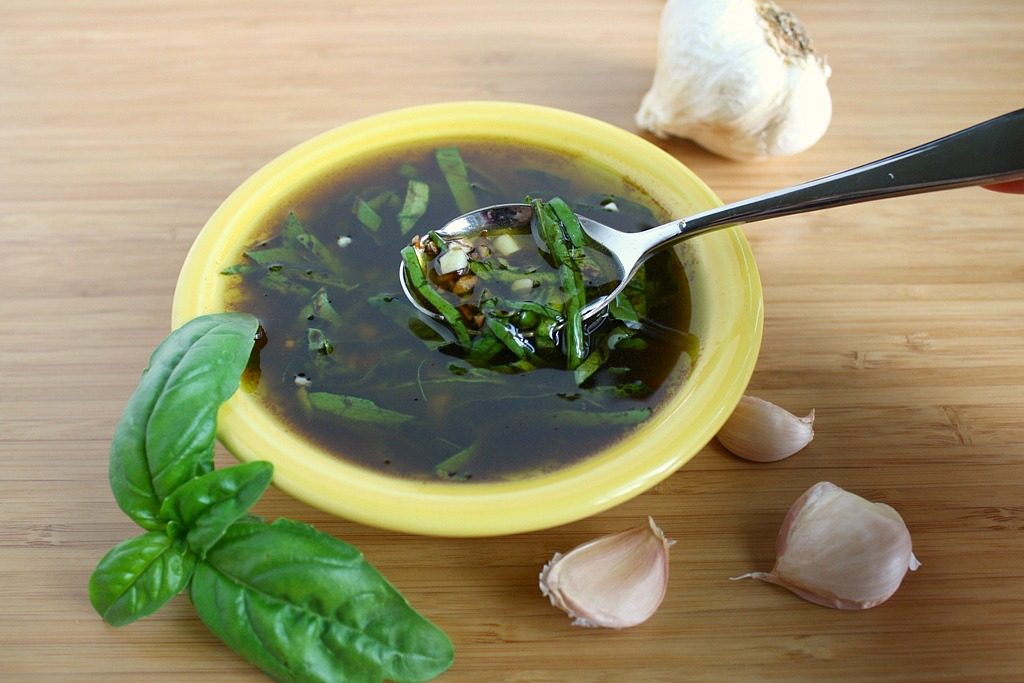 Garlic Balsamic vinaigrette with basil in a bowl