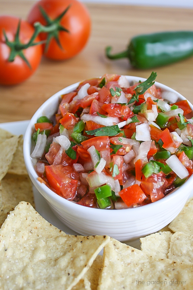 Bowl of fresh pico de gallo salsa with chips
