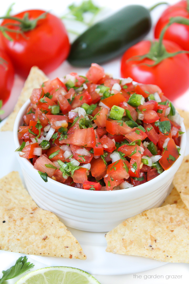 Salsa fresca in a white bowl with tortilla chips on the side