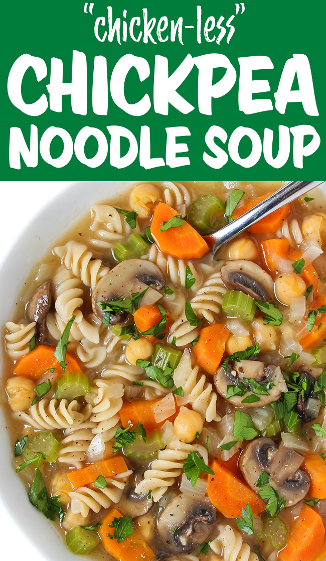 photo collage of vegan chicken-less noodle soup