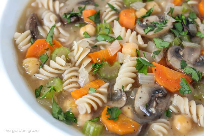 close up view of chickpea noodle soup in a bowl