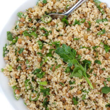 Bowl of vegan lentil quinoa salad with spoon