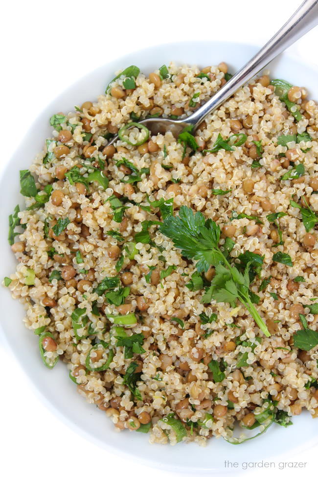 Bowl of vegan lentil quinoa salad with spoon