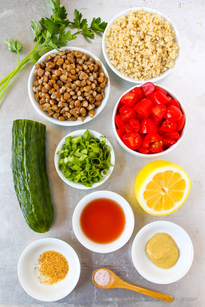 Chopped tomato, green onions, cucumber, lemon, lentils, vinegar, and mustard ingredients laid out on a metal tray