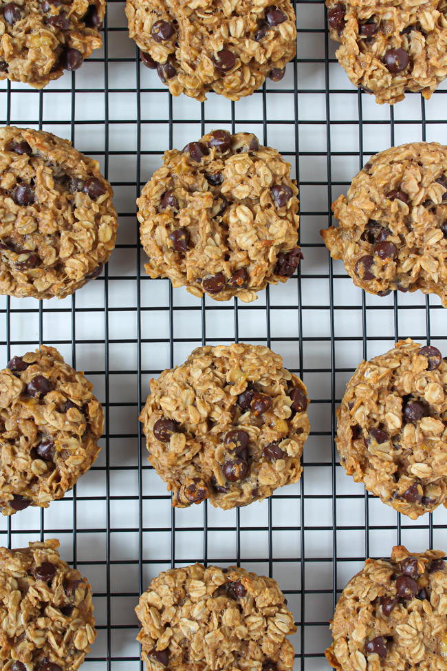 Vegan banana oat cookies cooling on a rack