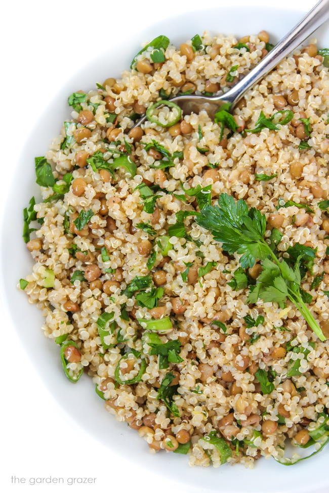 Vegan salad with cilantro-lime dressing in a bowl with spoon