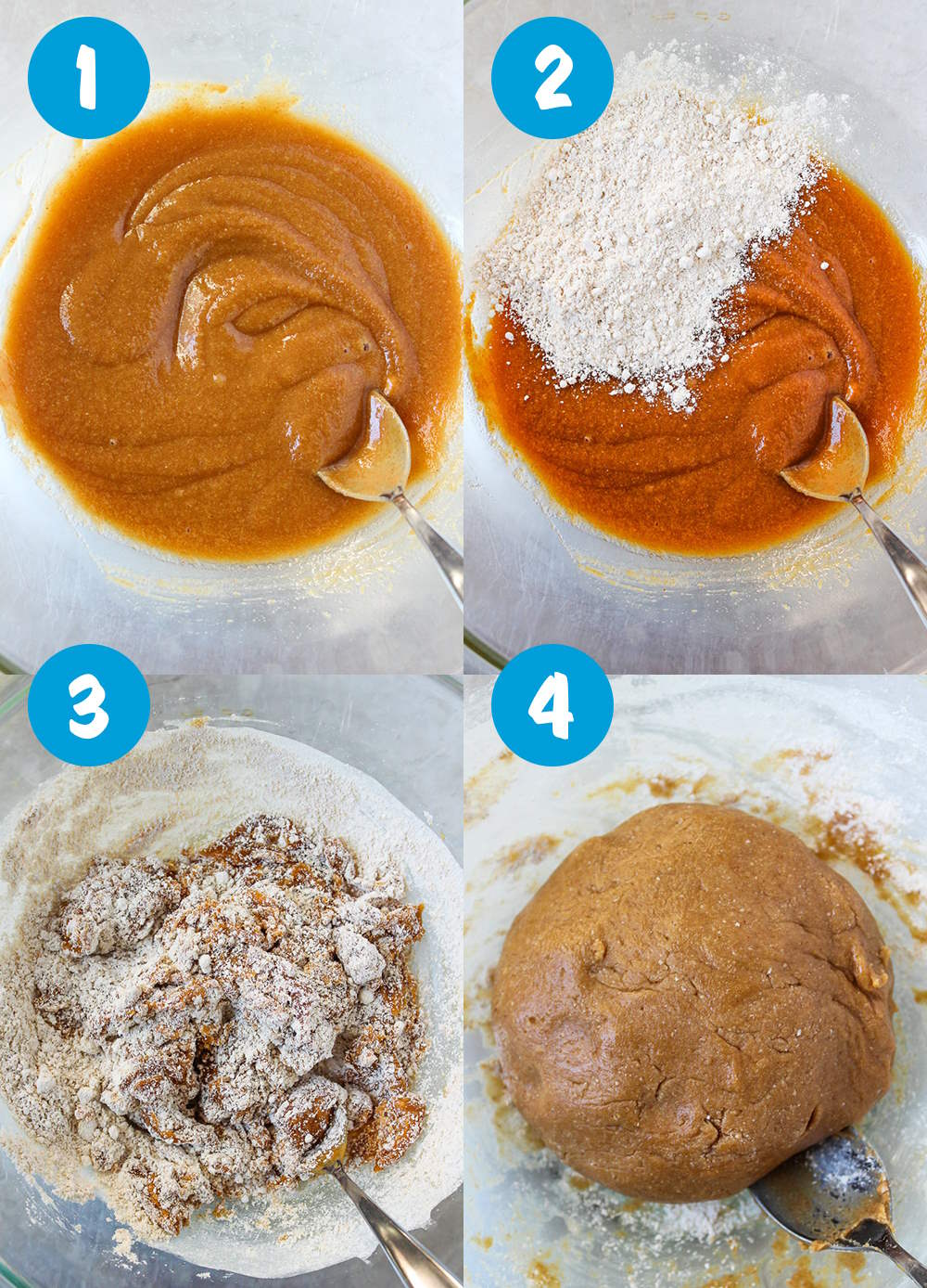 Four steps showing the cookie dough bites batter preparation in a large glass mixing bowl