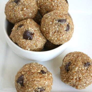 Vegan raw cookie dough bites in a small white bowl