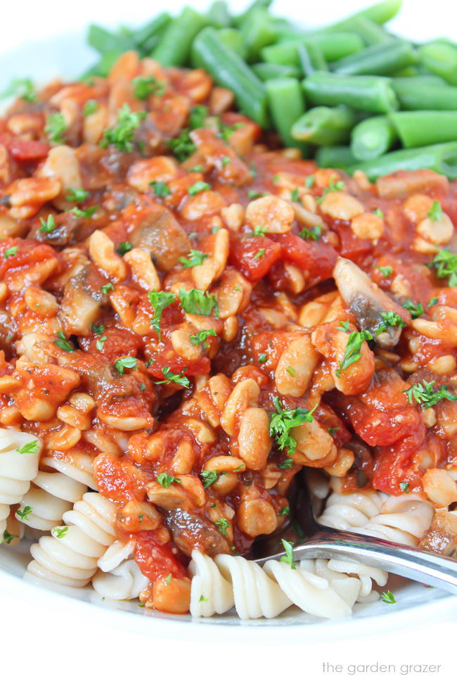Vegan tempeh mushroom pasta in a bowl