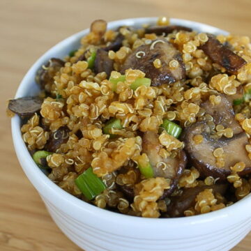 Vegan Asian-style toasted quinoa with mushrooms in a bowl
