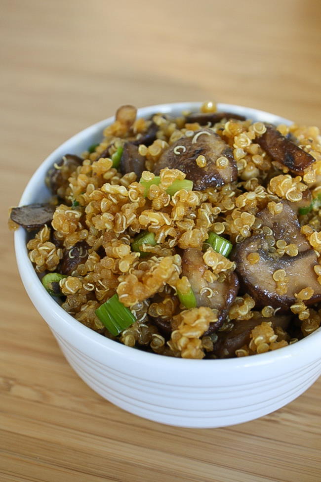 Vegan Asian-style toasted quinoa with mushrooms in a bowl