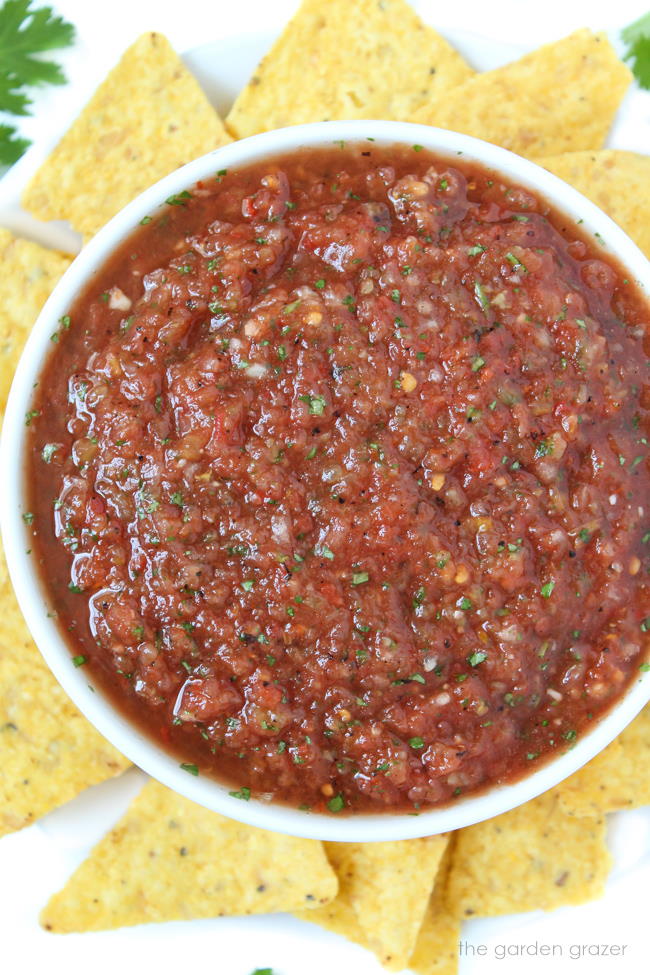 Bowl of restaurant-style blender salsa with chips