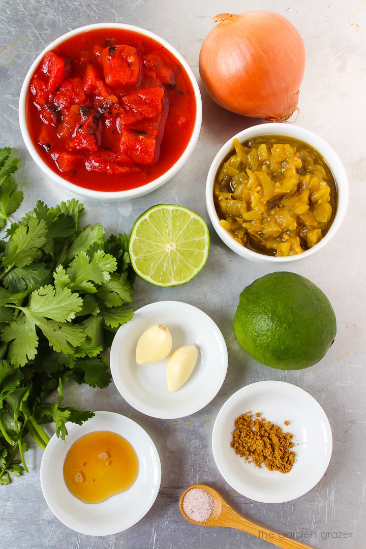 Canned tomatoes, onion, garlic, green chiles, lime, and spice ingredients laid out on a metal tray