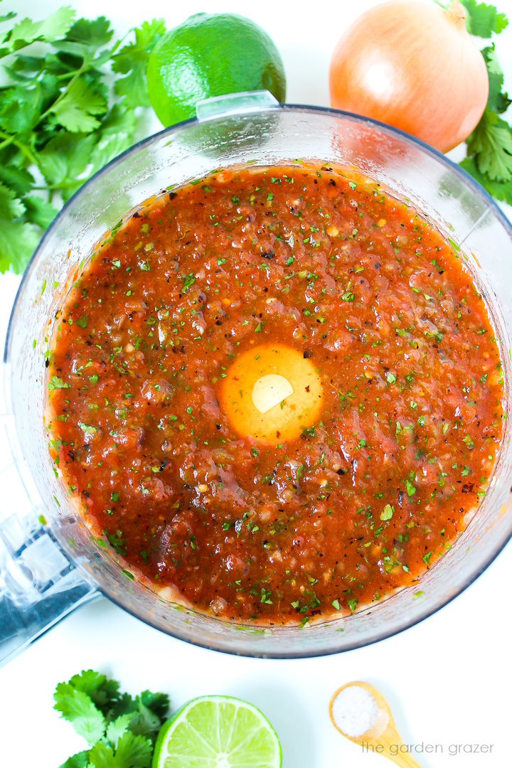 Restaurant-style blender salsa blended together in a food processor