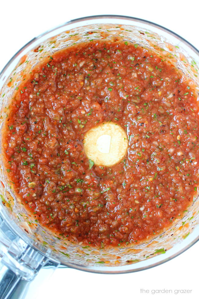 Salsa blended up in a food processor
