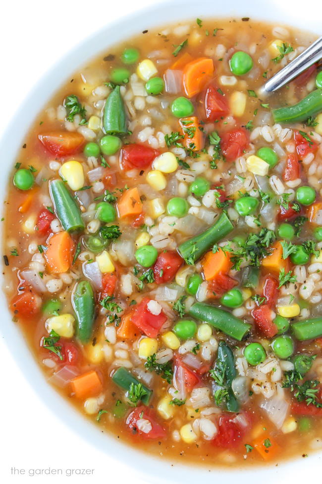 Vegetable Barley Soup in a bowl with spoon