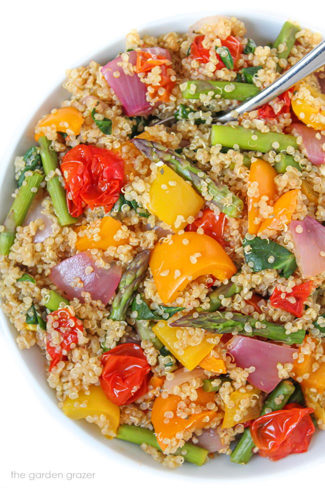 roasted veggies with balsamic quinoa in a bowl