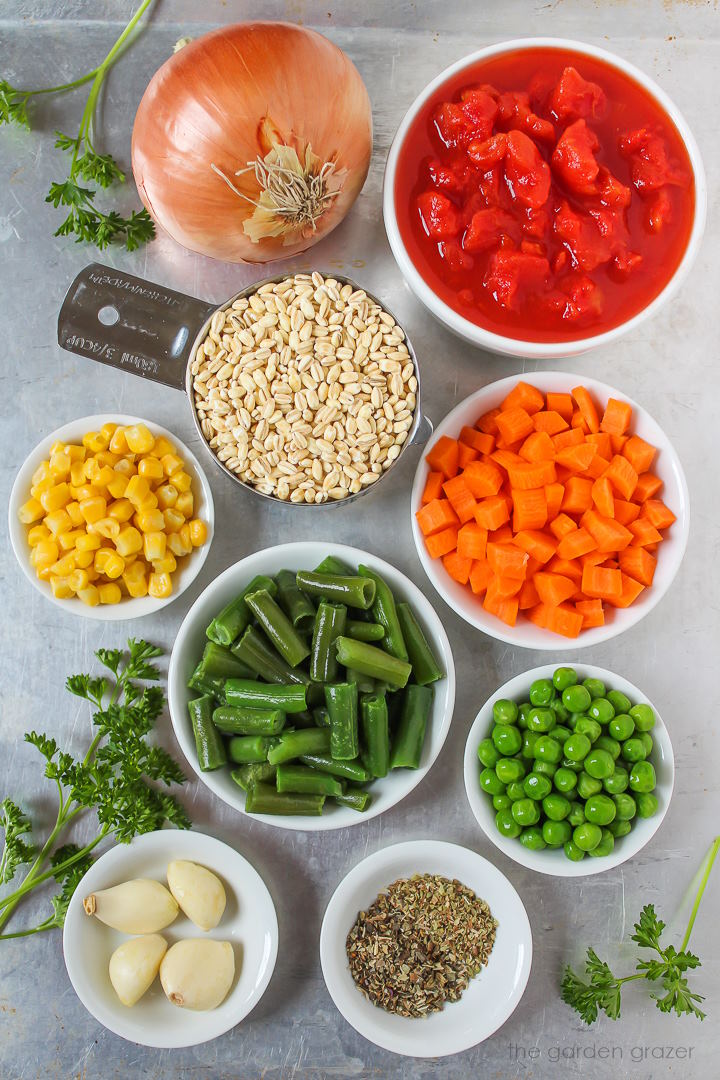 Onion, tomatoes, carrot, garlic, peas, corn, carrot, and fresh herb ingredients laid out on a metal tray