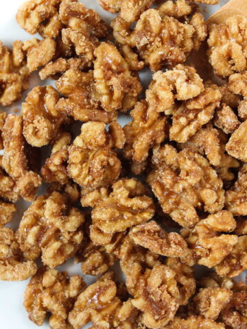 Healthy candied nuts in a white bowl