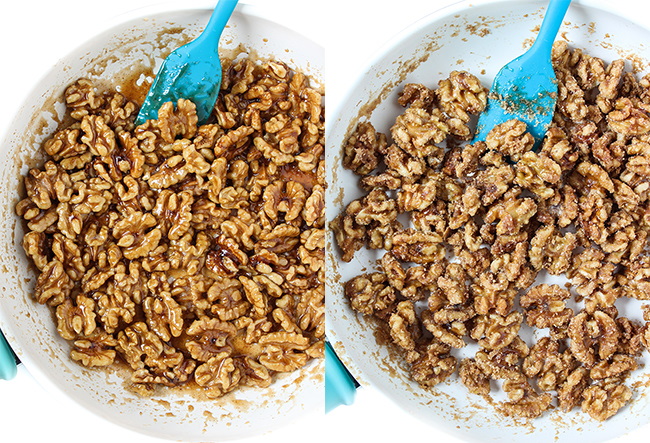 Preparing and cooking candied walnuts in a saucepan on the stove