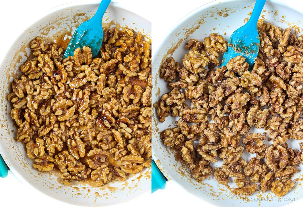 Preparing candied nuts with maple syrup and vanilla in a skillet