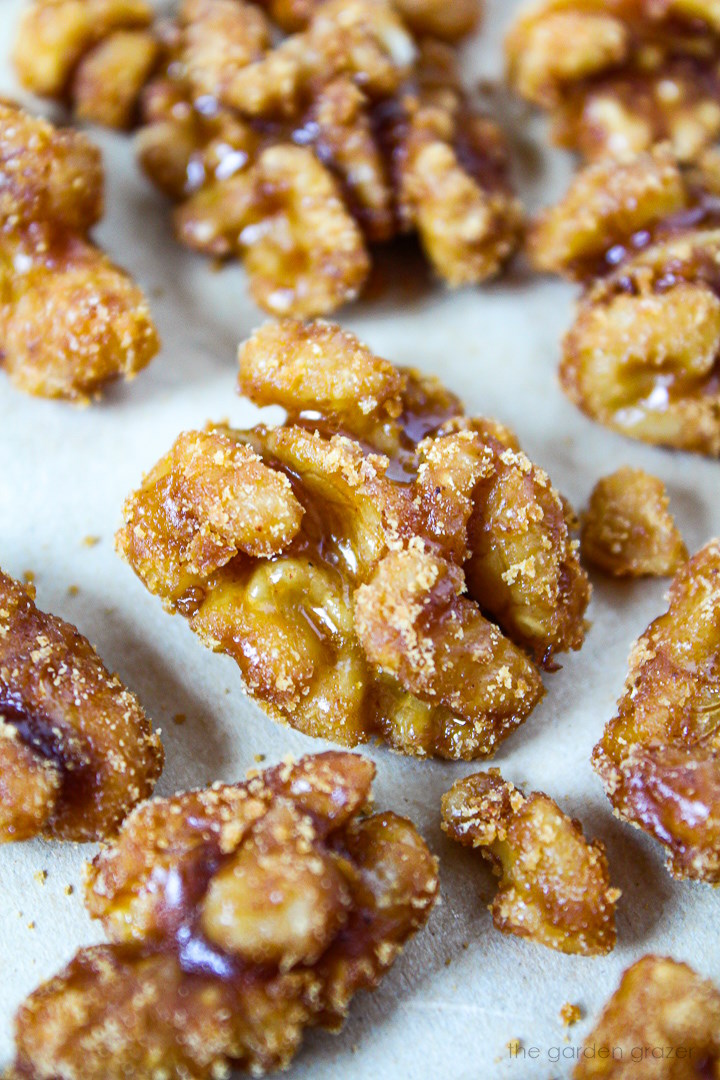 Close up view of vegan maple candied nuts with cinnamon and vanilla