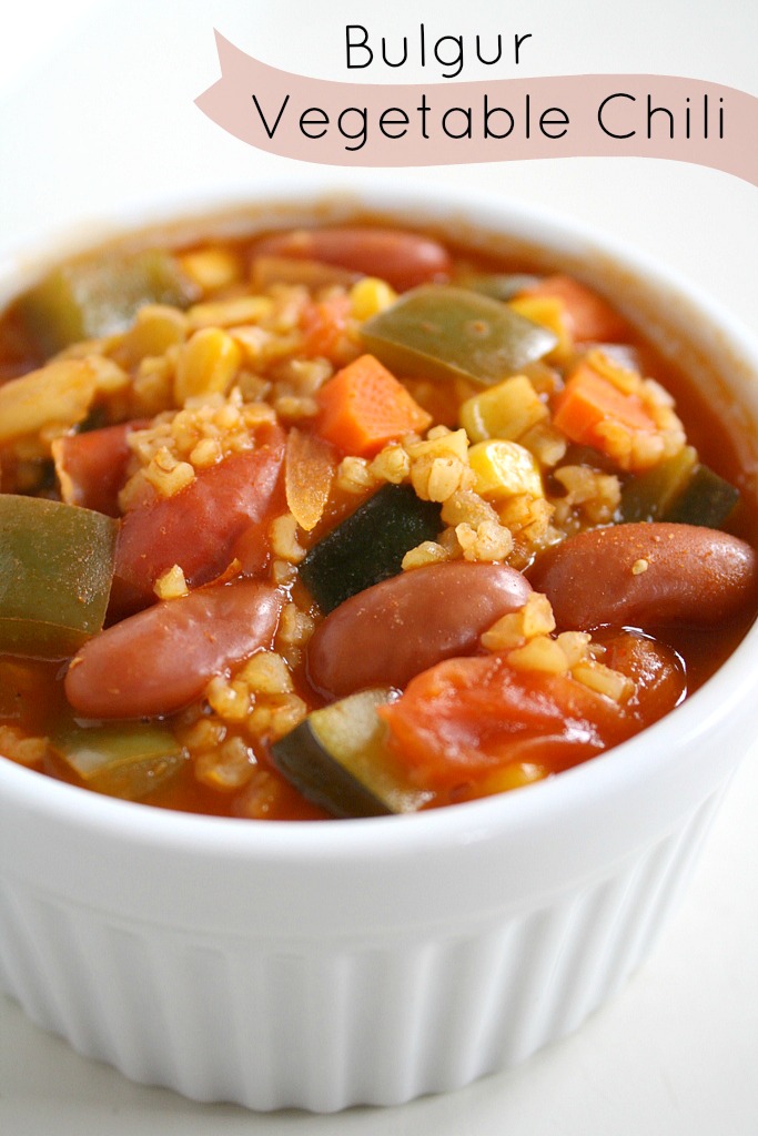 Vegan bulgur chili with vegetables in a small bowl