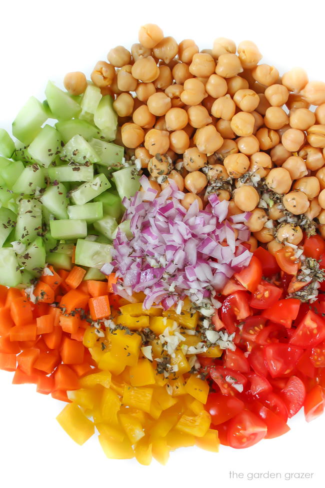 Ingredients in a bowl for vegan chickpea salad before mixing together
