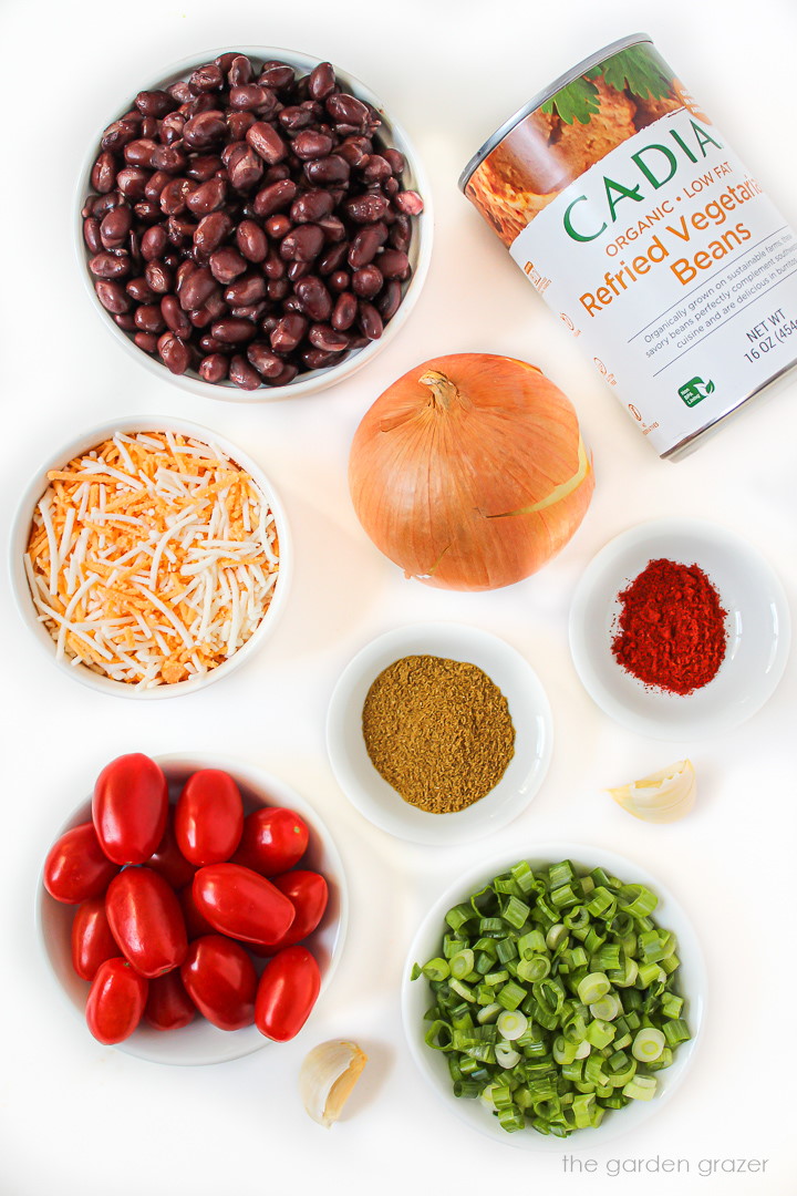 Onion, tomatoes, spices, and garlic ingredients laid out on a white table