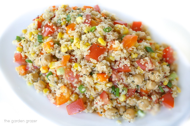 Lemon basil quinoa salad on a white plate