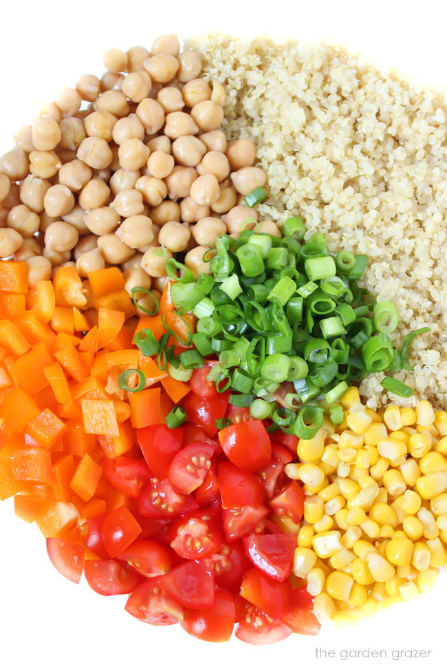 Ingredients in bowl for quinoa vegetable salad