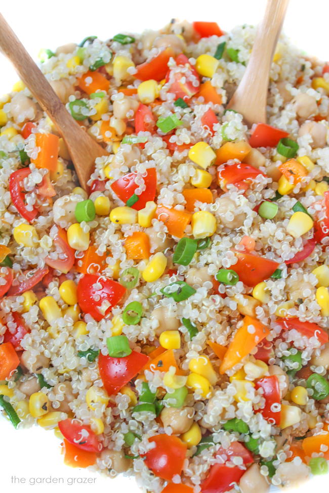 Vegan quinoa vegetable salad with lemon dressing in a bowl