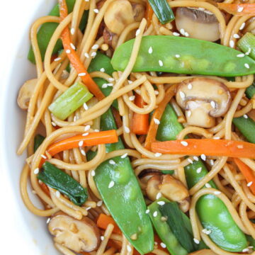 Vegan Asian style garlic spaghetti in a bowl