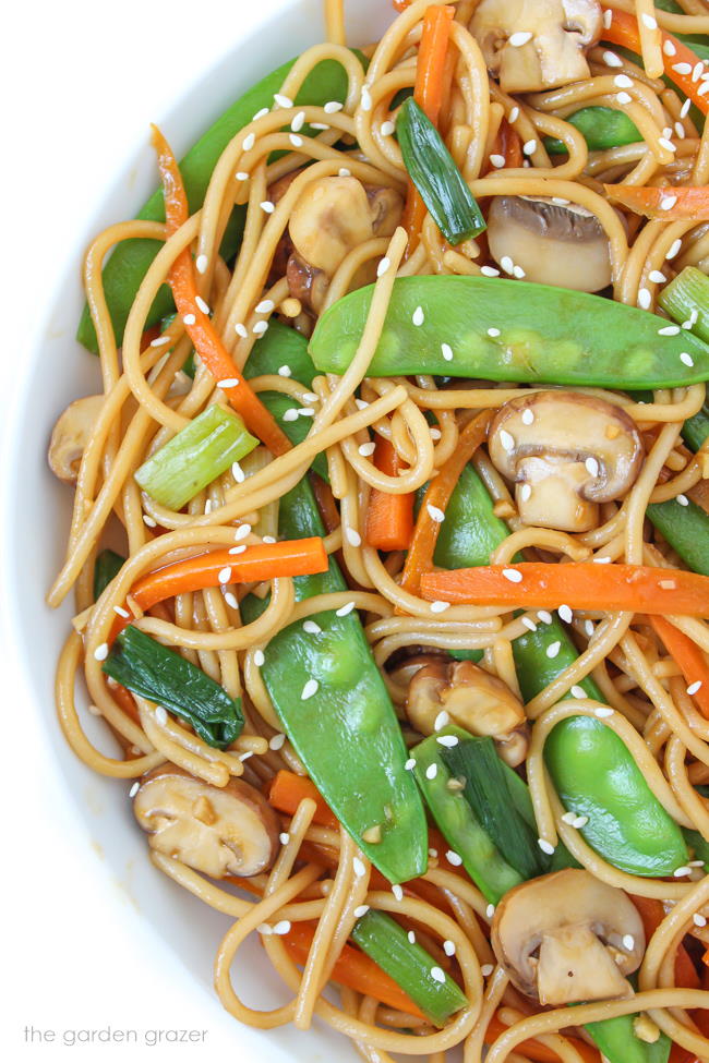 Vegan Asian style garlic spaghetti in a bowl