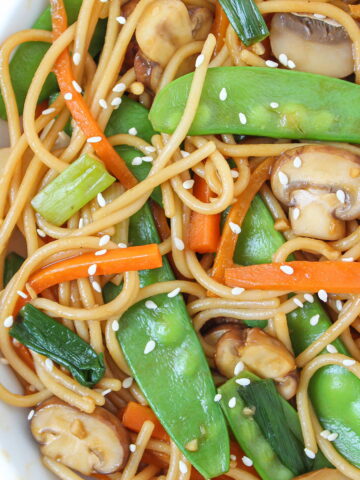 Asian spaghetti in a white bowl