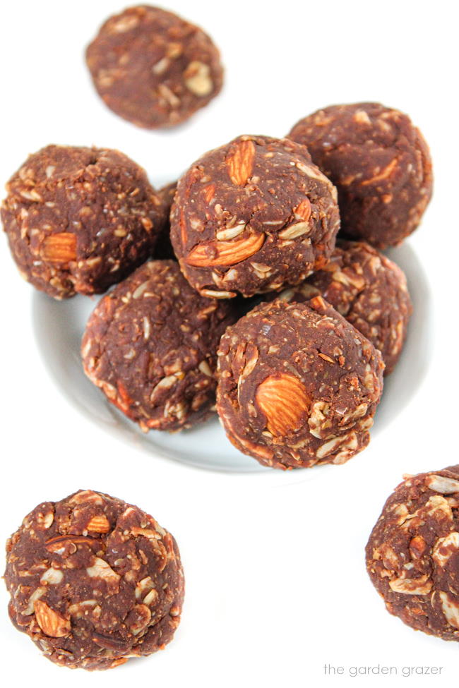 Small bowl of vegan chocolate peanut butter oat balls