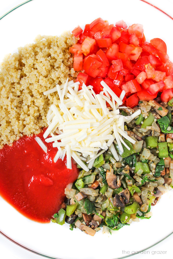 Ingredients for casserole in a glass bowl before mixing together